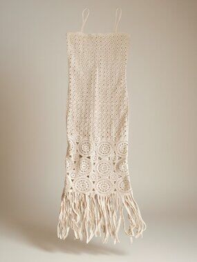 Torn by Ronny Kobo Crochet Fringe Maxi Dress Cream Size L